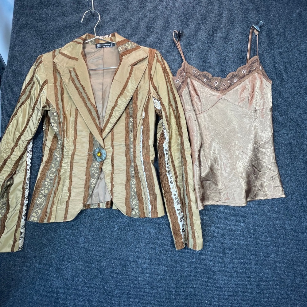 Vintage Italian Blazer Camisole Set S Brown Gold Metallic Texture Victorian RARE